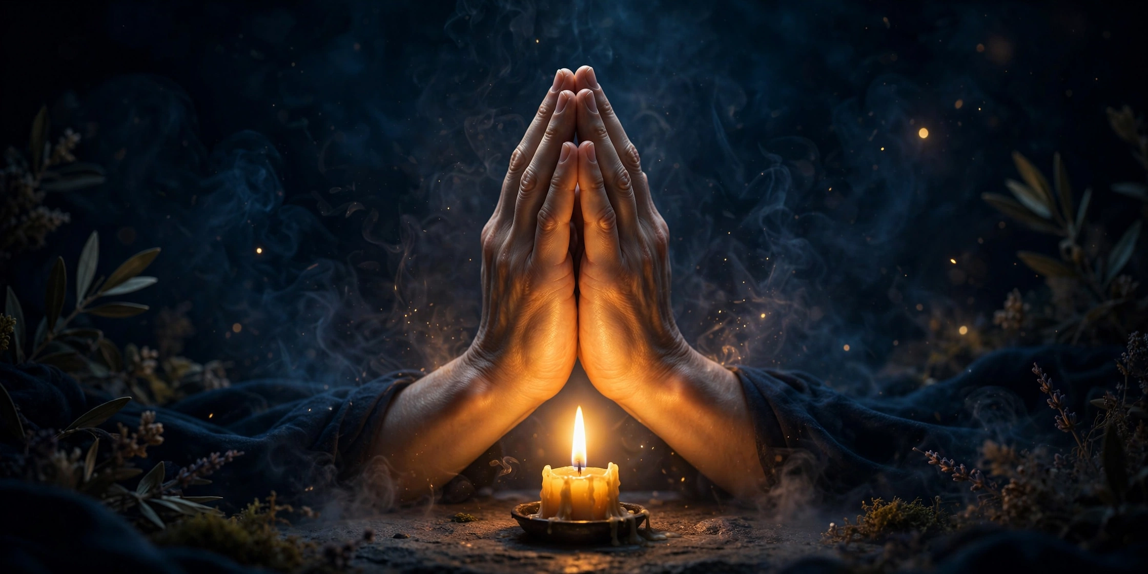 Hands folded in prayer over a candle